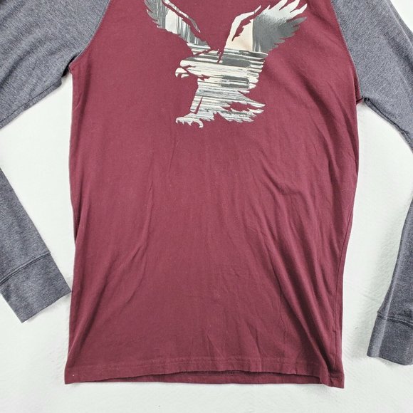 AMERICAN EAGLE Shirt Men's Long Sleeve Crew Neck Pullover Tee Red Gray Medium - Picture 4 of 12
